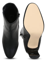 Black PU Patterned Slim Block Heel Ankle Length Boots