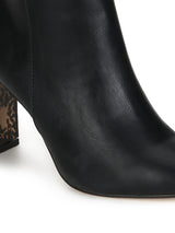 Black PU Patterned Slim Block Heel Ankle Length Boots