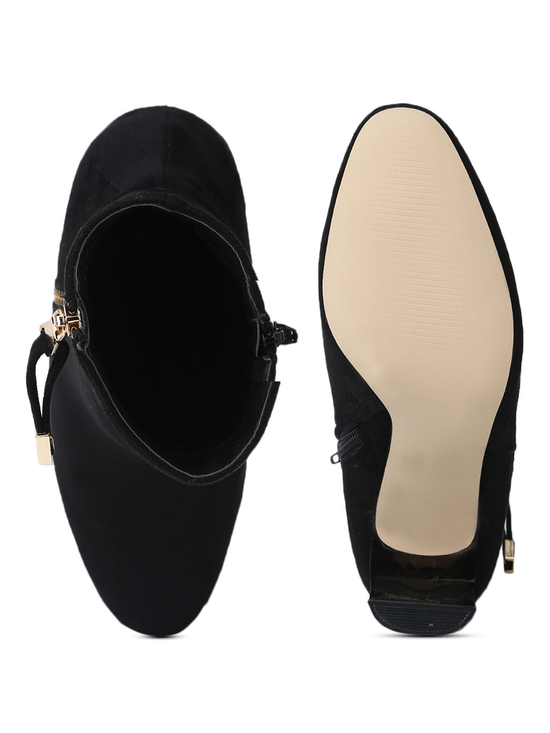 Black Micro Zip Slim Block Heel Ankle Length Boots