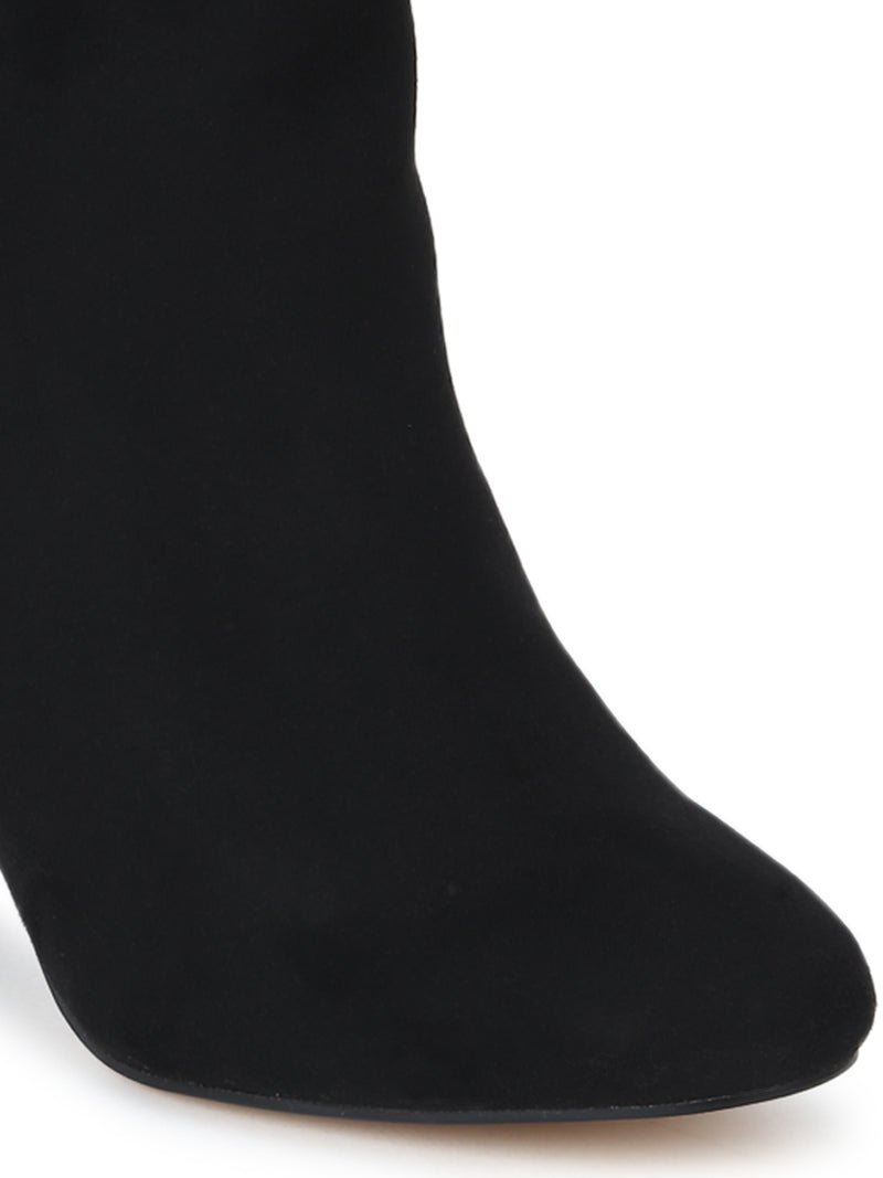 Black Micro Zip Slim Block Heel Ankle Length Boots