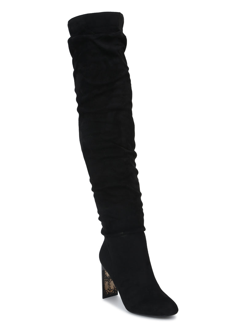 Black Micro Slouch Stiletto Heel Long Boots