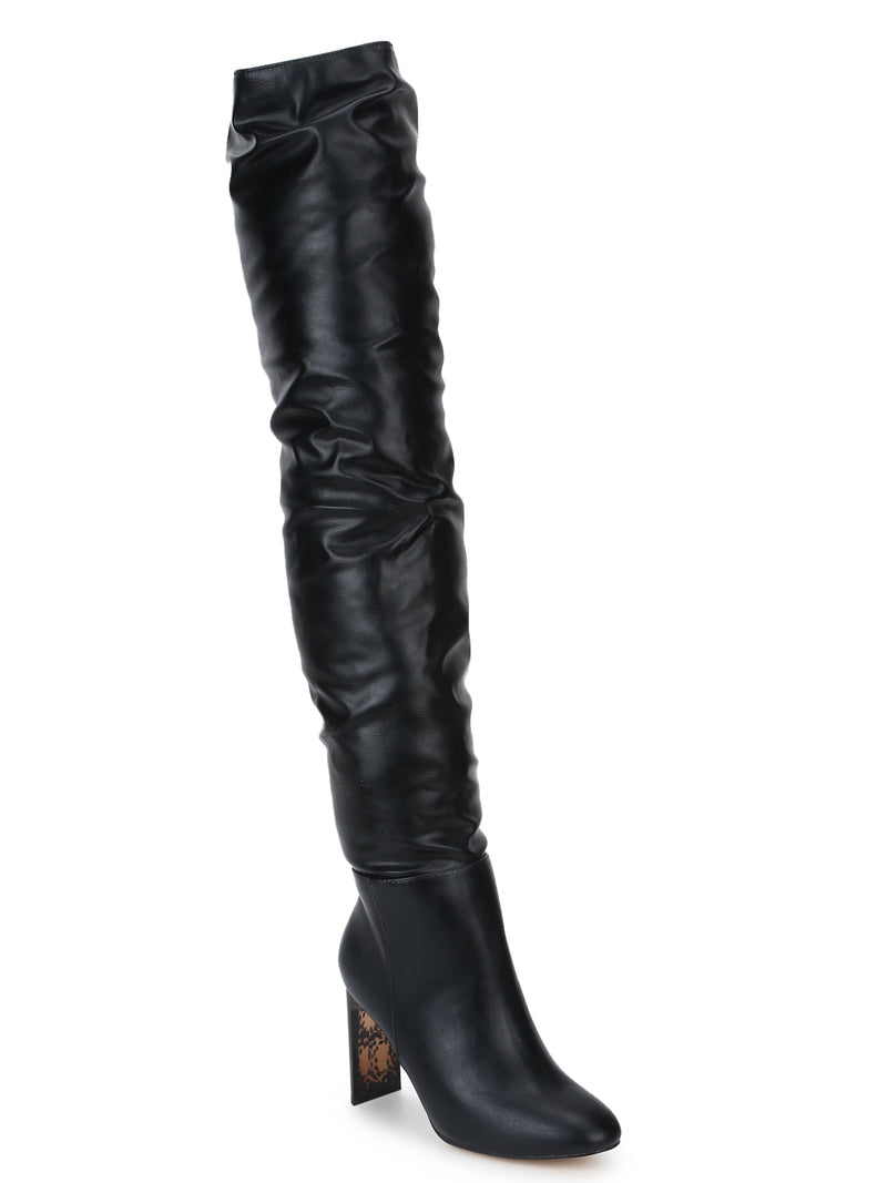 Black PU Slouch Stiletto Heel Long Boots