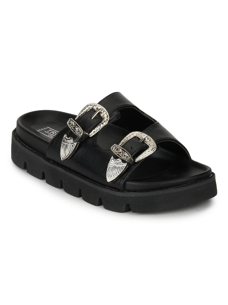 Black PU Double Buckle Strap Slip-On Cleated Flats