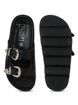 Black PU Double Buckle Strap Slip-On Cleated Flats