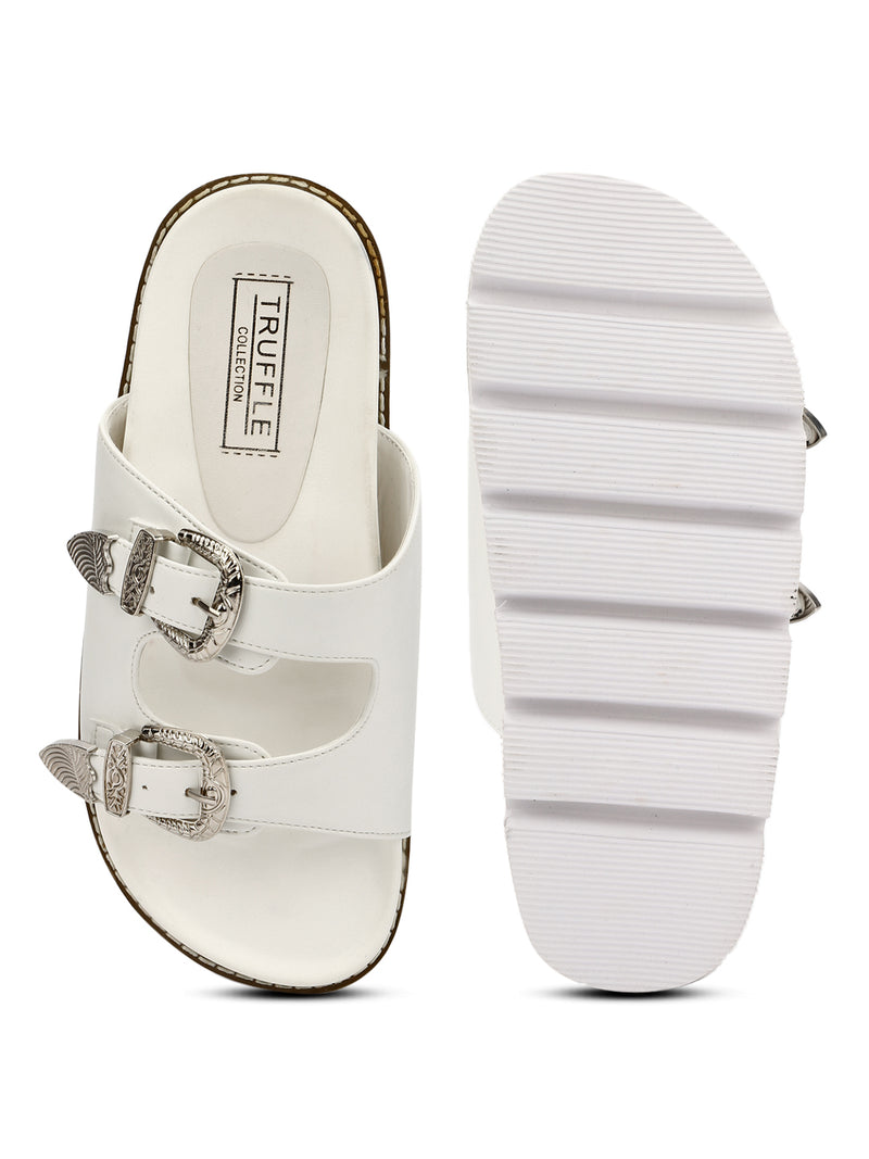 White PU Double Buckle Strap Cleated Slip-On Flats