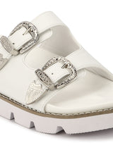 White PU Double Buckle Strap Cleated Slip-On Flats