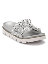 Silver PU Ruffled Slip-On Flats