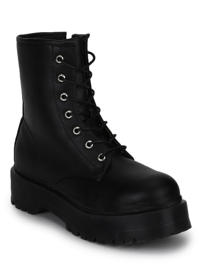 Black PU Lace-Up Cleated Platform Ankle Boots
