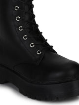 Black PU Lace-Up Cleated Platform Ankle Boots