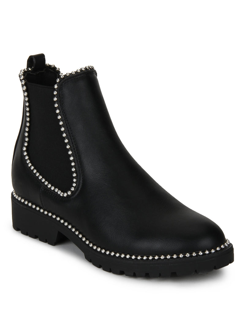Black PU Studded Low Heel Ankle Boots