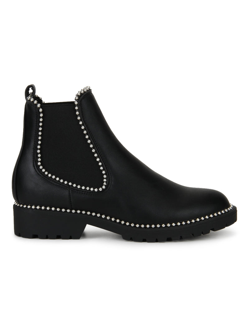 Black PU Studded Low Heel Ankle Boots