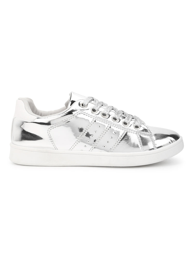 Silver Metallic Lace-Up Sneakers