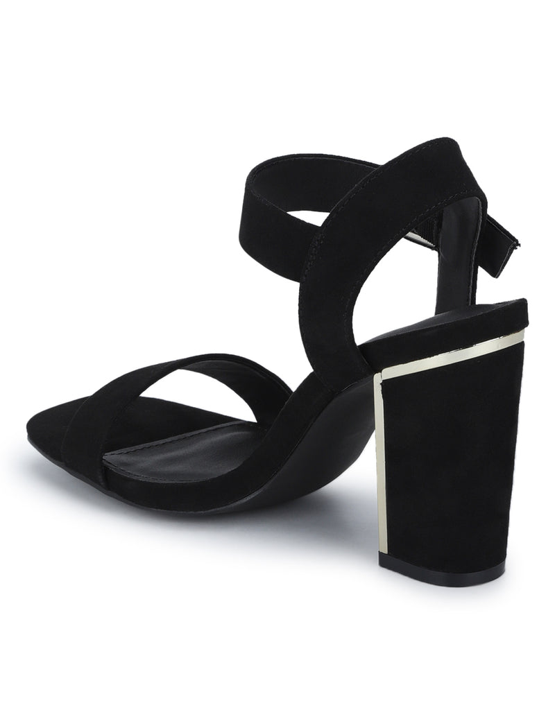 Black Micro Thick Ankle Strap Block Heels