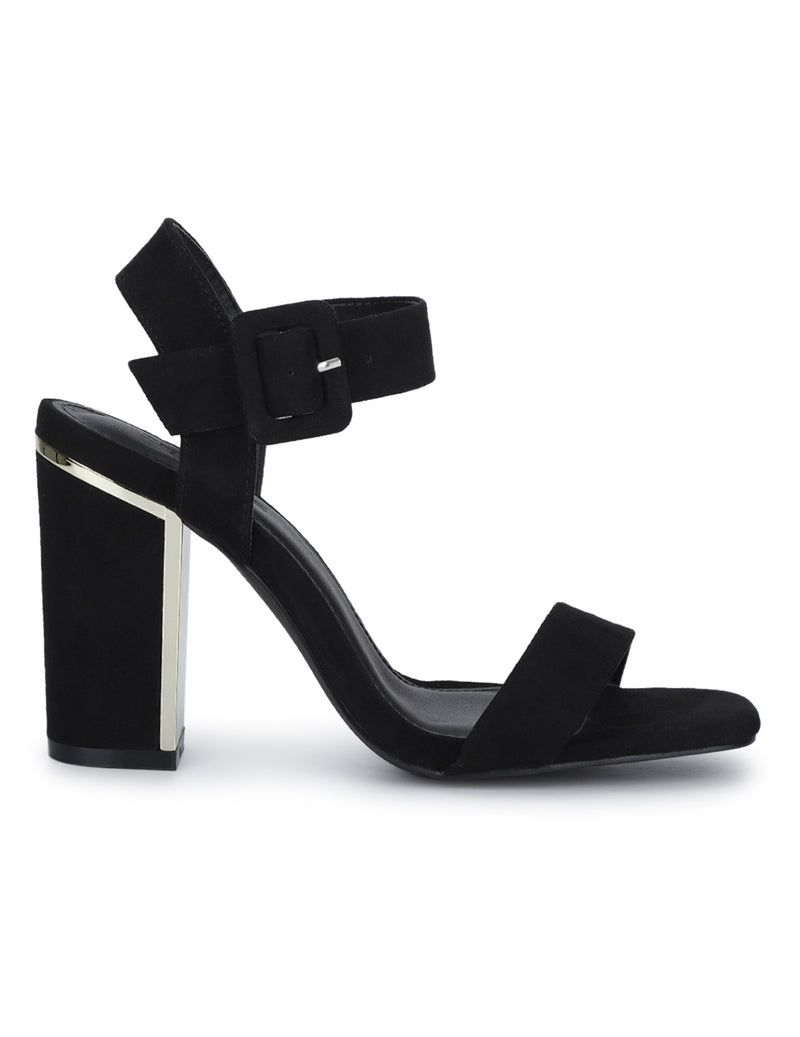 Black Micro Thick Ankle Strap Block Heels