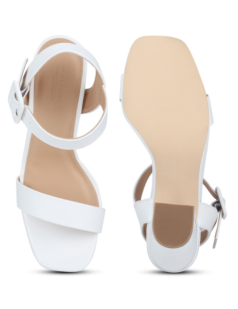 White PU Thick Ankle Strap Block Heels