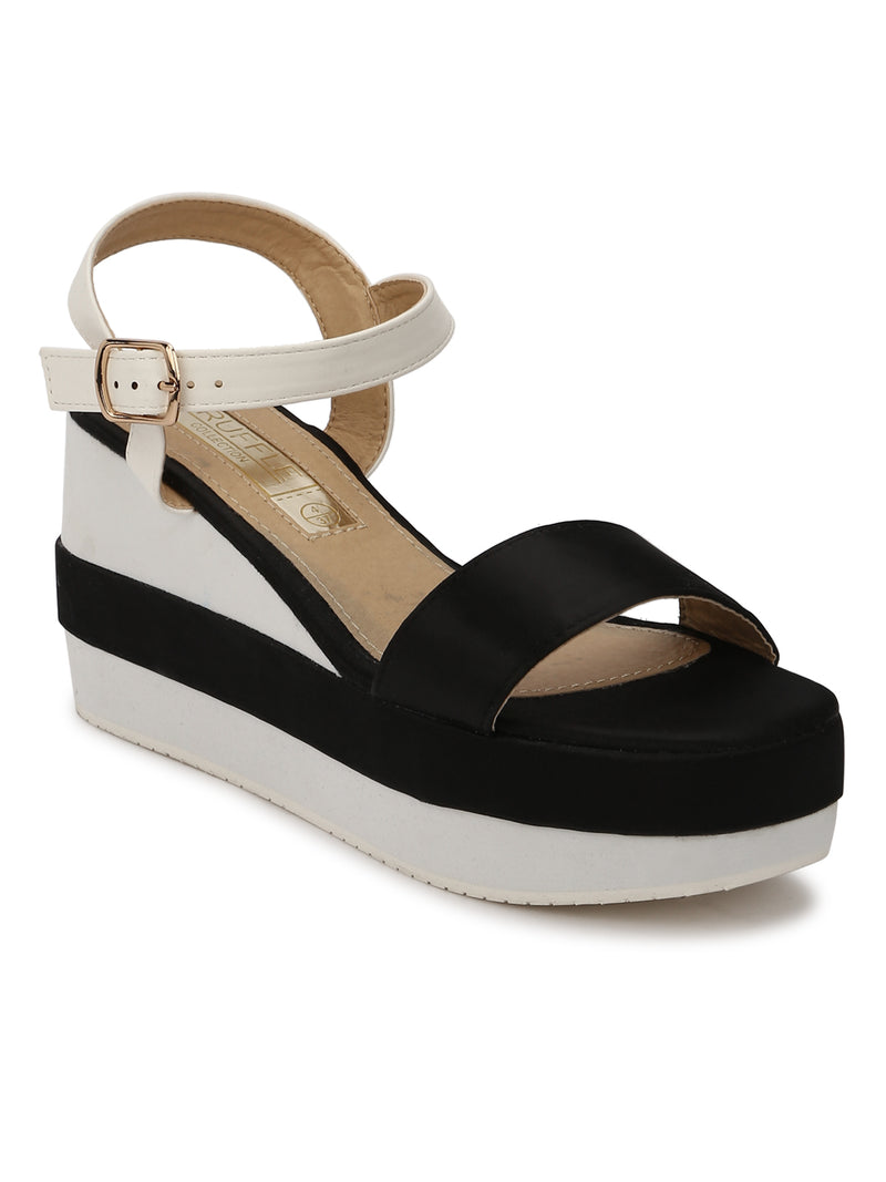 White and Black Ankle Strap Wedges