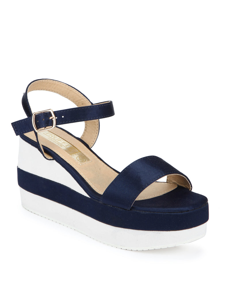 Navy Blue and White Ankle Strap Wedges