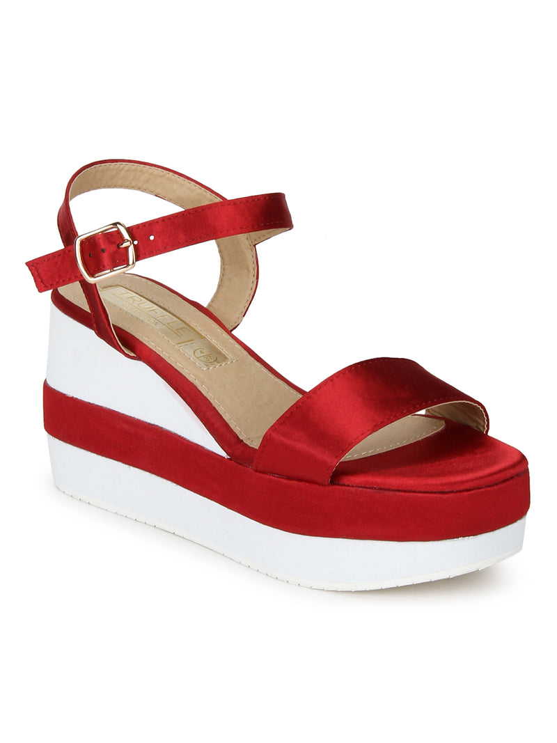 Red and White Ankle Strap Wedges