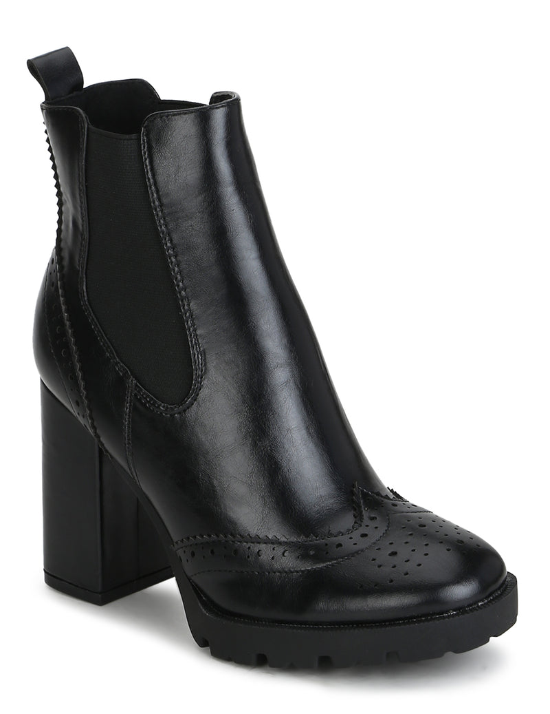 Black Hi-Shine Chunky Block Heel Ankle Length Boots