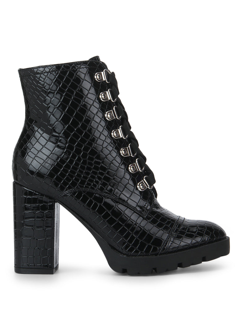 Black PU Block Heel Lace-Up Ankle Boots