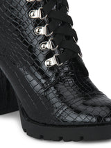 Black PU Block Heel Lace-Up Ankle Boots
