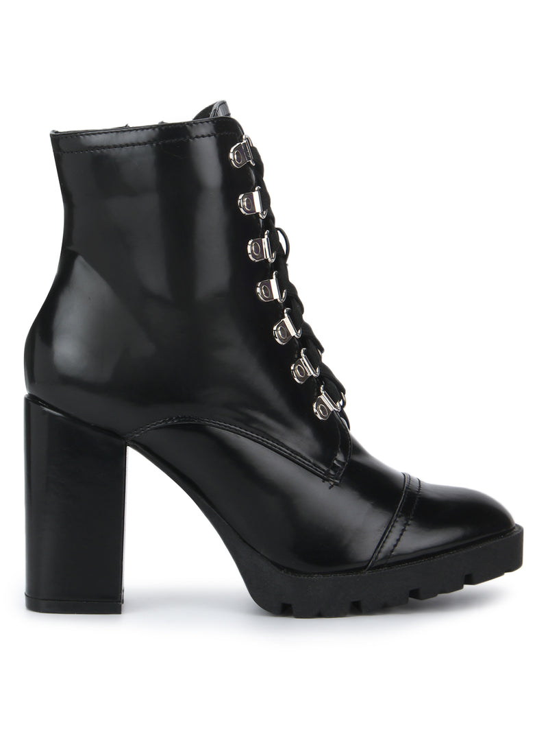 Black HiShine Block Heel Lace-Up Ankle Boots