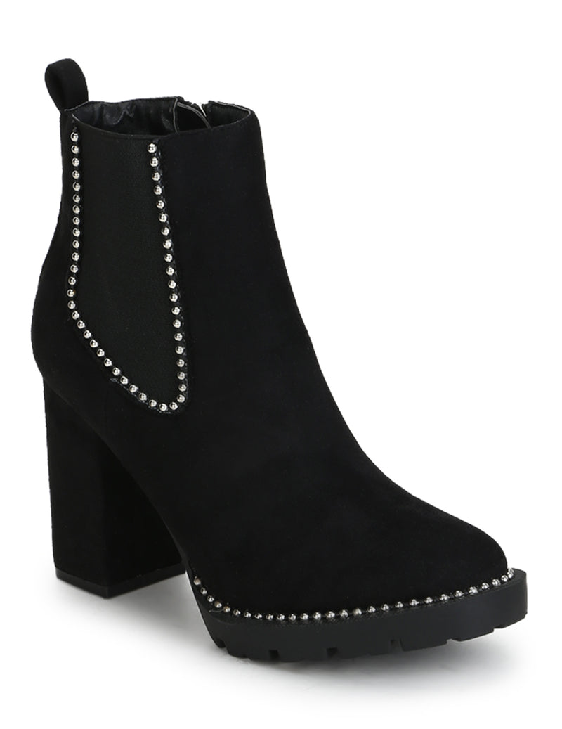 Black Micro Studded Cleated Platform Block Heel Ankle Length Boots