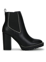 Black PU Studded Cleated Platform Block Heel Ankle Length Boots