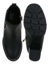 Black PU Studded Cleated Platform Block Heel Ankle Length Boots