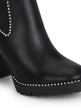 Black PU Studded Cleated Platform Block Heel Ankle Length Boots