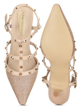 Rose Gold Nude Studded Strappy Kitten Heels