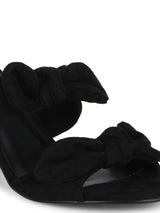 Black Microfibre Double Bow Low Block Heels