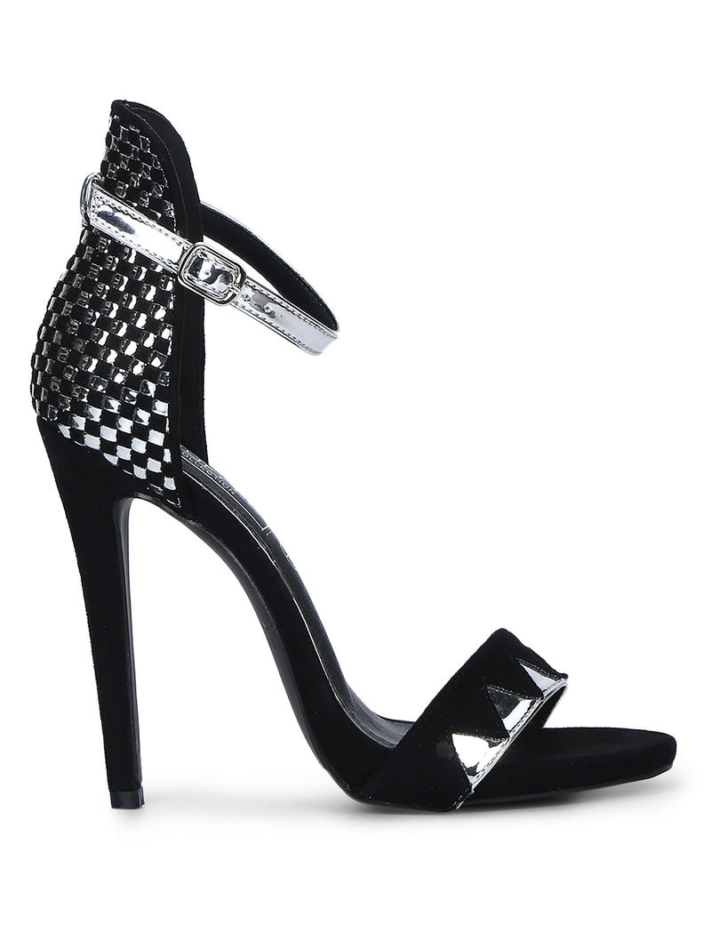 Black Micro Silver Ankle Strap Stilettos