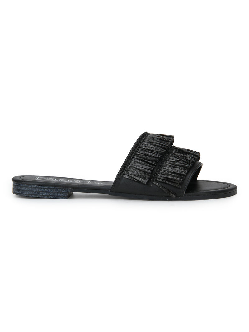 Black PU Frilled Slip-On Flats