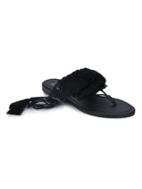 Black PU Lace-up Tasseled Flat Sandals