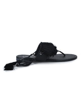Black PU Lace-up Tasseled Flat Sandals