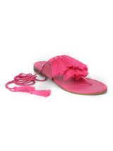 Pink PU Lace-up Tasseled Flat Sandals
