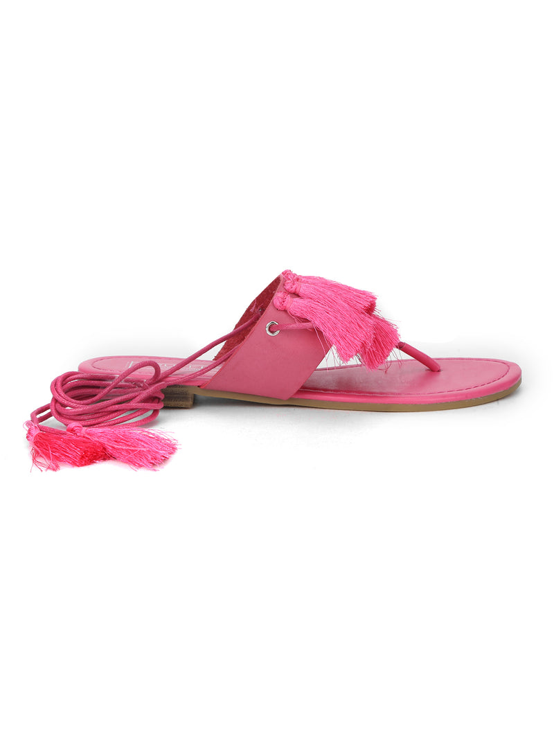 Pink PU Lace-up Tasseled Flat Sandals