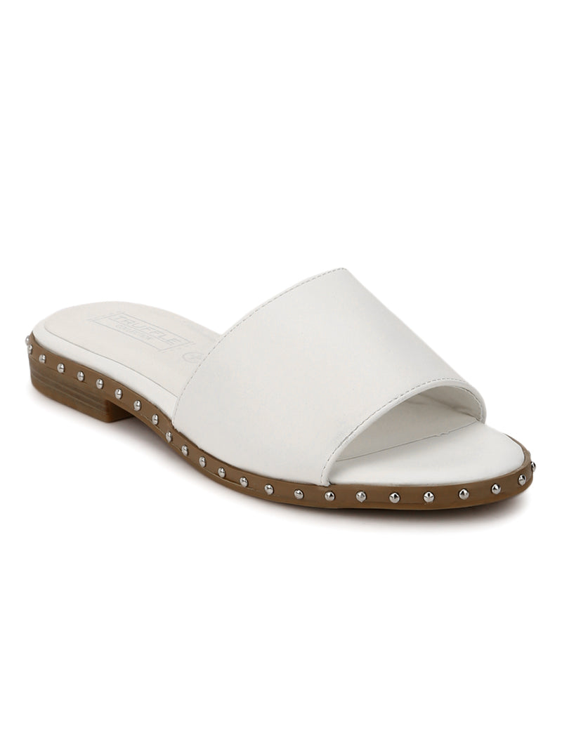 White PU Side Studded Slip-On Flats
