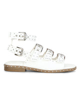 White PU Multiple Buckle Studded Flat Sandals