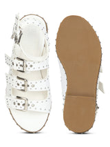 White PU Multiple Buckle Studded Flat Sandals