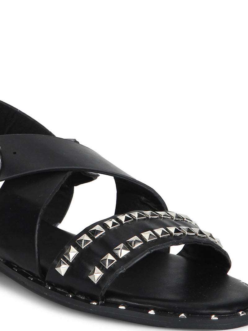 Black PU Crossover Strap Studded Flat Sandals