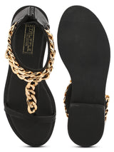 Black PU Chain Detailed Ankle Strap Flat Sandals