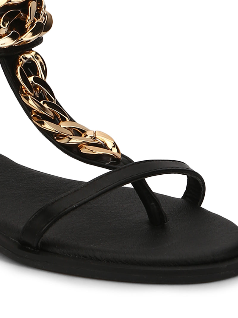 Black PU Chain Detailed Ankle Strap Flat Sandals