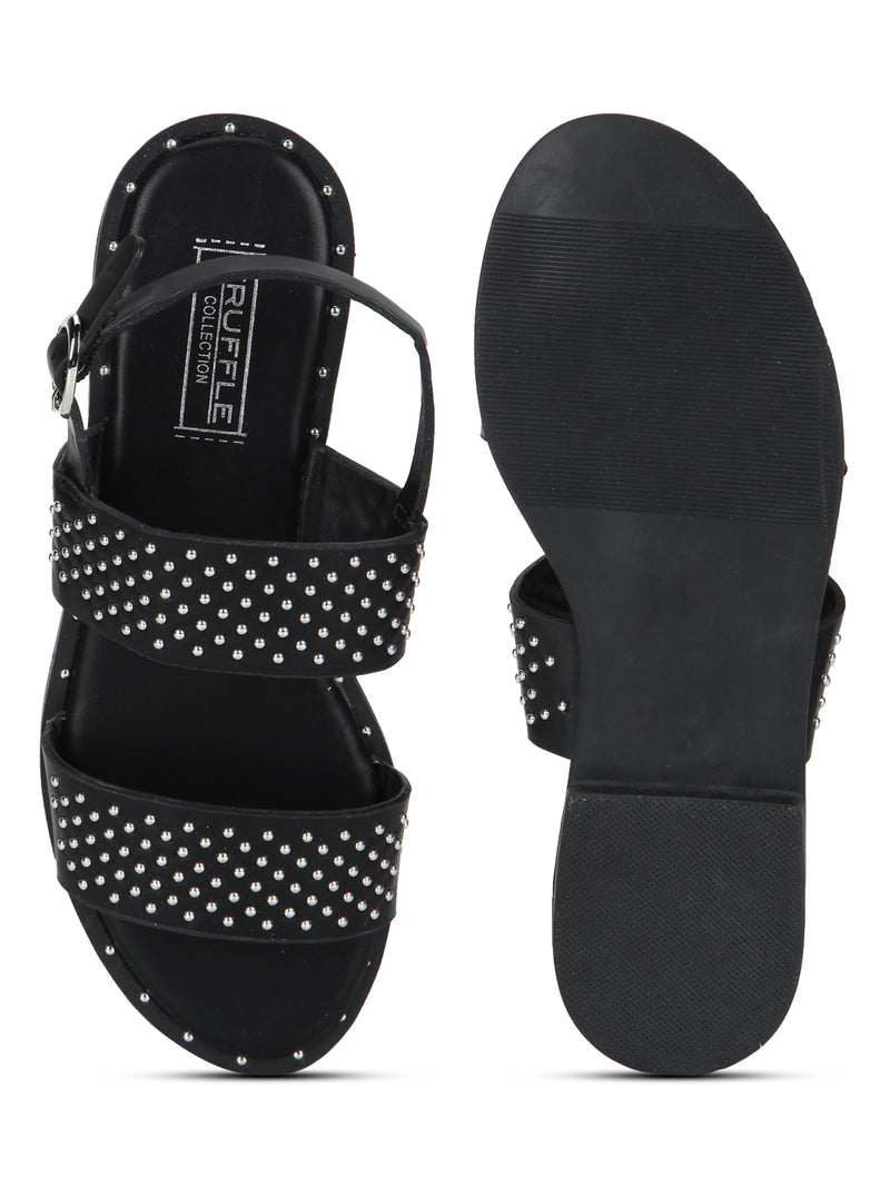 Black PU Studded Ankle Strap Flat Sandals