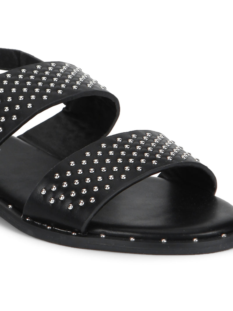 Black PU Studded Ankle Strap Flat Sandals