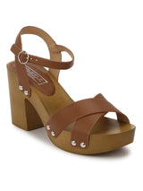 Tan PU Crossover Ankle Strap Block Heels