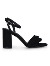 Black Frilled Ankle Strap Block Heels