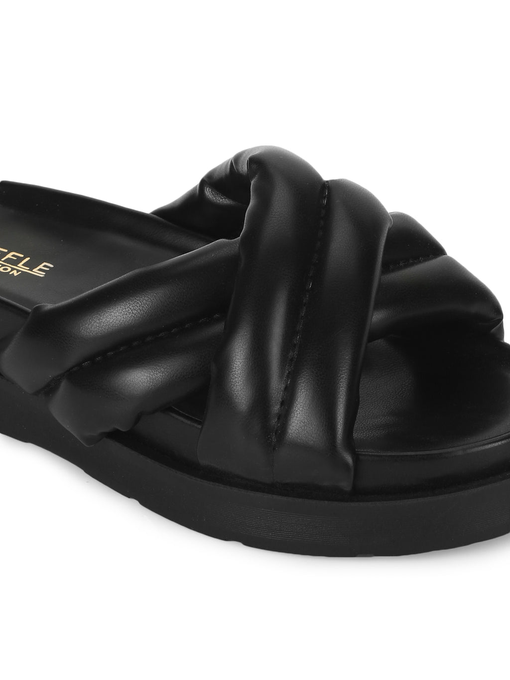 Black PU Crisscross Quilted Slides