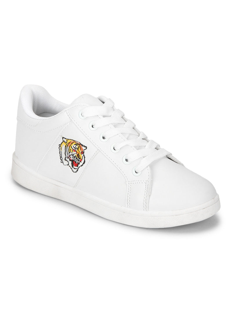 White PU Tiger Detail Lace-Up Sneakers